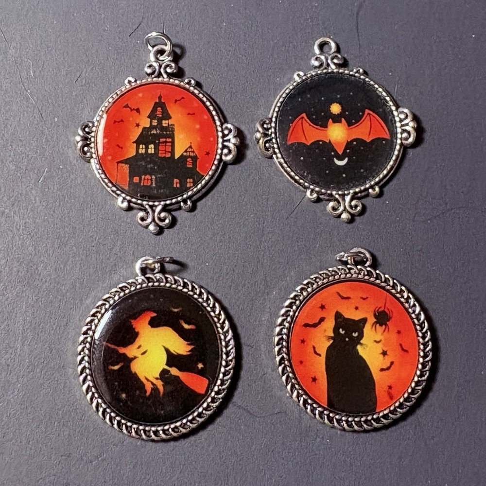 Halloween Cabochon Pendant 4 Lot Gothic Haunted House Bat Cat Witch Silver Tone